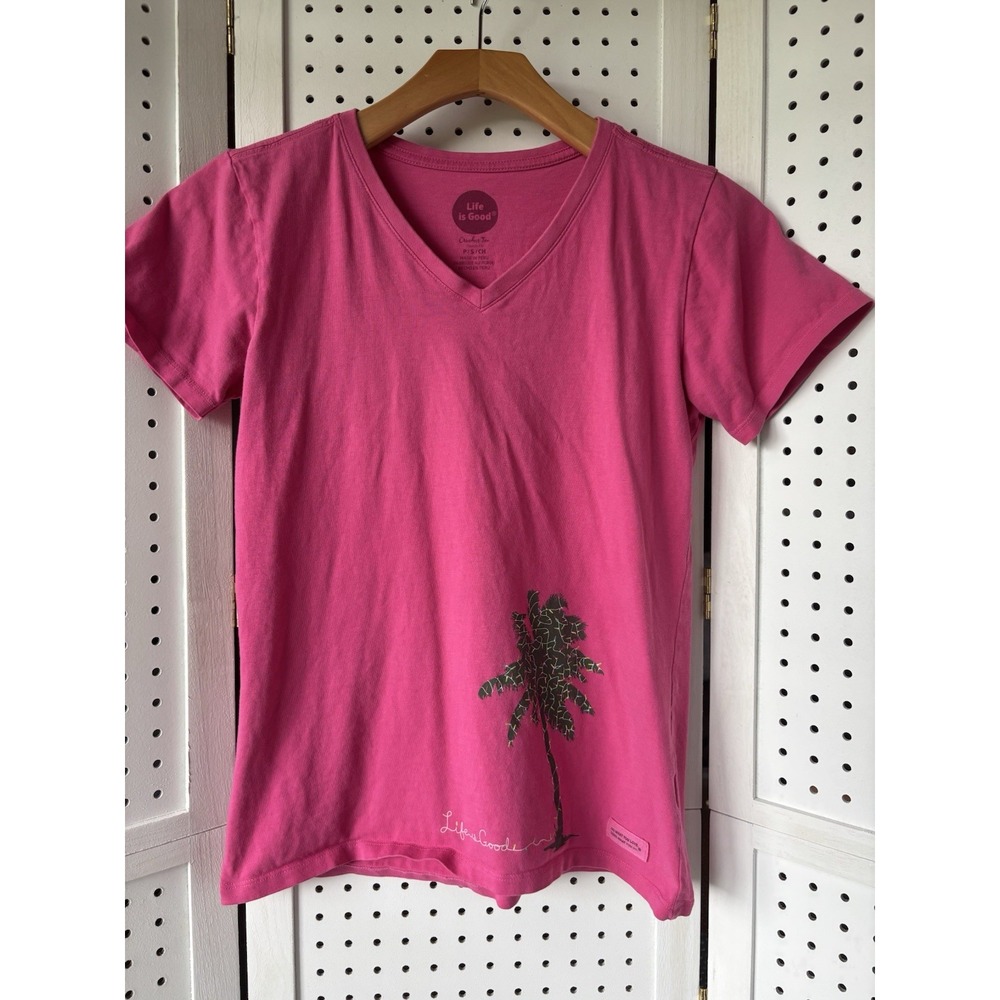 Life Is Good T Shirt Size Small Women's Pink Short Sleeve V Neck Palm Tree Beach
